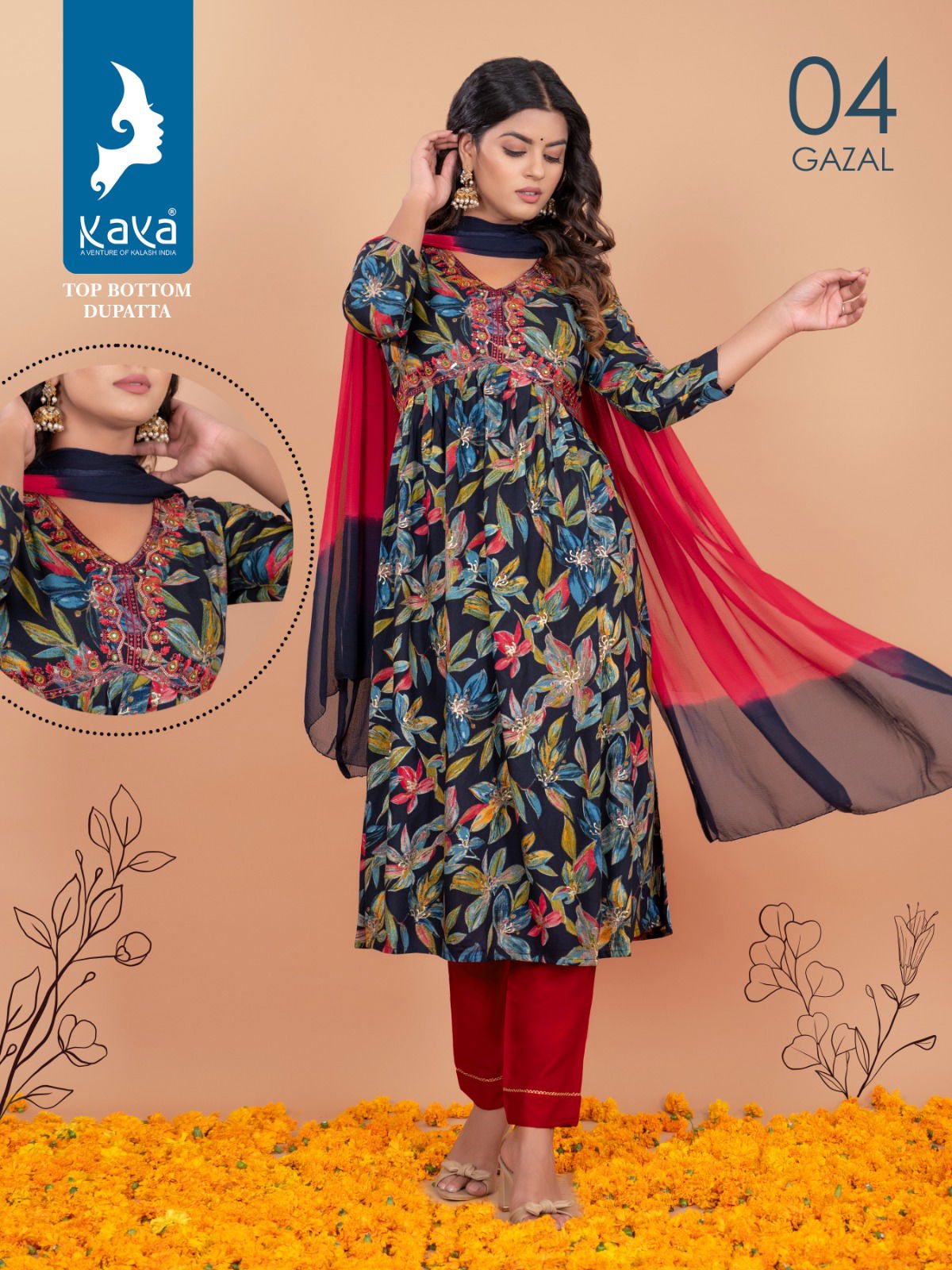Gazal By Kaya Rayon Alia Cut Kurti With Bottom Dupatta Catalog